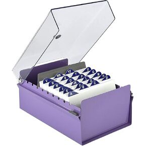 Acrimet 4 x 6 Card File Holder Organizer Box Metal Base Heavy Duty (AZ Index Cards and Divider Included) (Purple Color with Clear Crystal Plastic Lid Cover)