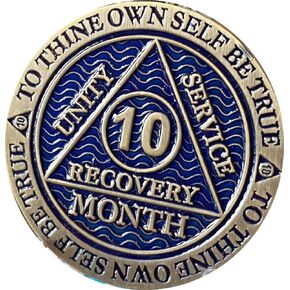 10 Month AA Medallion Antique Bronze Dusty Blue Color Sobriety Chip