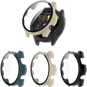 Hard PC Case Compatible with Garmin Forerunner 265 Screen Protector Cover, Tempered Glass Full Cover Case Bumper Shell for Garmin Forerunner 265 Smartwatch Accessory (3*Black)