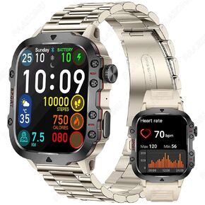 2024 New Smartwatch Men's Rugged Military Bluetooth Call Sport Heart Rate IP68 Waterproof Outdoor Smart Watches for Android iOS (Beige)