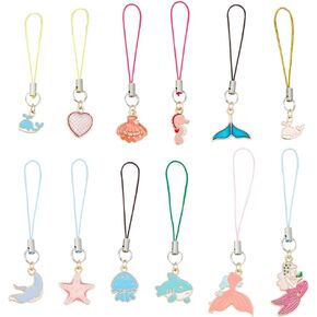 12 Pcs Ocean Theme Phone Charms, Colorful Cartoon Theme Phone Pendant with Whale Mermaid Fishtail Charms Alloy Enamel Mobile Straps for Phone Decor