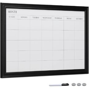 Navaris Framed Calendar Whiteboard for Wall - 18" x 24" Magnetic Dry Erase Monthly Planner - White Board with Frame - Includes Magnets and Marker