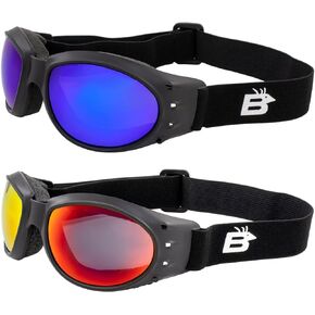 Birdz 2 Pairs Eagle Matte Black Padded Sport Riding Goggle with ReflecTech Red/Blue Mirror Lens
