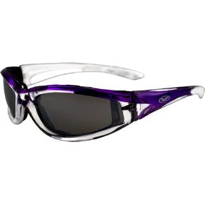 Global Vision Eyewear Flashpoint Padded Motorcycle Sunglasses for Women Two Color Crystal and Purple Frame w/Flash Mirror Lens