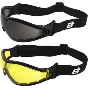 2 Pairs of Birdz Eyewear Boogie Foam Padded Motorcycle Ski Skydiving Z87.1 Safety Goggles Black Frames with Smoke & Yellow Anti-Fog Lenses