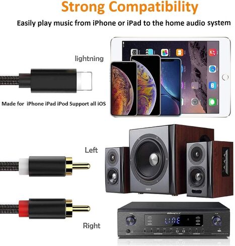 [كابل Lightning إلى RCA معتمد من MFi لهاتف iPhone، سلك صوت Aux ذكر Y Splitter متوافق مع iPhone 14 13 12 11 Pro Max XS XR X 8 7 محول للسيارة ومكبرات الصوت والمسرح المنزلي ومكبر الصوت in Kuwait