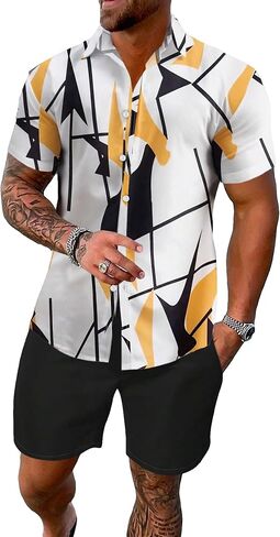 WDIRARA Men's 2 Pieces Outfits All Over Printed Button Front Short Sleeve Collared Shirts and Tie Front Shorts Casual Sets in Saudi Arabia