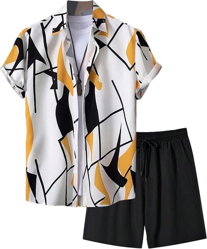 WDIRARA Men's 2 Pieces Outfits All Over Printed Button Front Short Sleeve Collared Shirts and Tie Front Shorts Casual Sets in Saudi Arabia