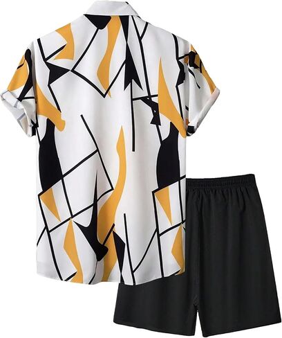 WDIRARA Men's 2 Pieces Outfits All Over Printed Button Front Short Sleeve Collared Shirts and Tie Front Shorts Casual Sets in Saudi Arabia