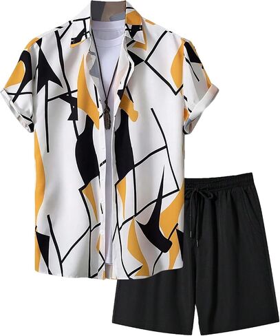WDIRARA Men's 2 Pieces Outfits All Over Printed Button Front Short Sleeve Collared Shirts and Tie Front Shorts Casual Sets in Saudi Arabia