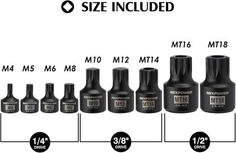 MIXPOWER مجموعة مقابس ثلاثية مربعة ذات تأثير منخفض، هيكل صلب من قطعة واحدة، M4- M18، فولاذ موليبدينوم الكروم، مجموعة 9 قطع in Saudi Arabia