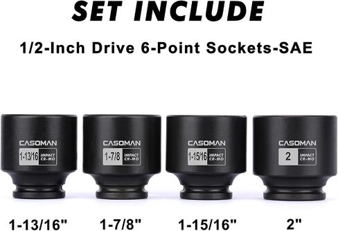 CASOMAN 4 Pieces 1/2" Dr. Deep Impact Socket Set, 1/2-Inch Drive Spindle Axle Nut Impact Socket Set, 1-13/16", 1-7/8", 1-15/16", 2", CR-MO, 6-Point, SAE in Saudi Arabia