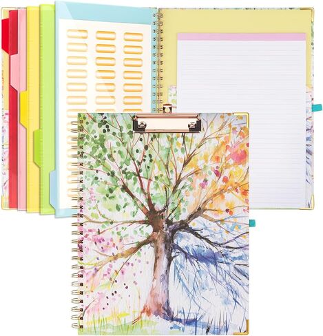 Foldable Spiral Clipboard Folio with Storage, Refillable Lined Notepad, 5 Plastic Folders with 10 Pockets, 39Pcs Labels Clipboards Padfolio Hardcover Project Organizer (Tree of Life) in Saudi Arabia
