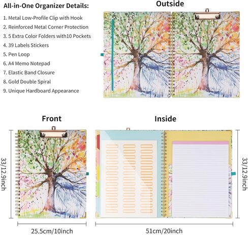 Foldable Spiral Clipboard Folio with Storage, Refillable Lined Notepad, 5 Plastic Folders with 10 Pockets, 39Pcs Labels Clipboards Padfolio Hardcover Project Organizer (Tree of Life) in Saudi Arabia
