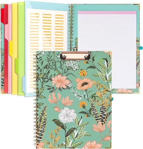 Foldable Spiral Clipboard Folio with Storage, Refillable Lined Notepad, 5 Plastic Folders with 10 Pockets, 39Pcs Labels Clipboards Padfolio Hardcover Project Organizer (Tree of Life) in Saudi Arabia