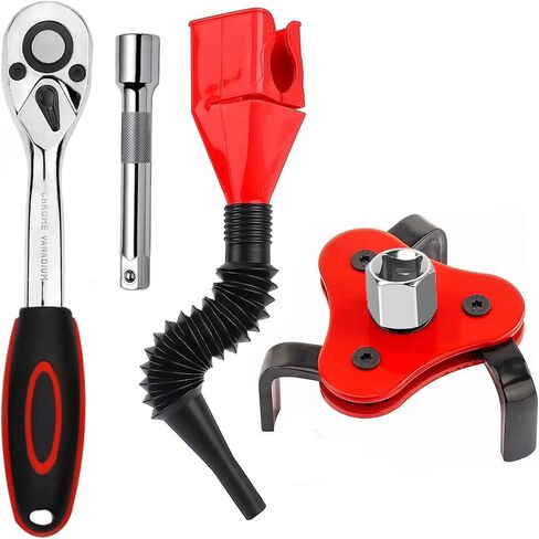 مجموعة مفاتيح ربط فلتر الزيت 4 قطع، أداة إزالة فلتر الزيت من 2-1/2 إلى 4 بوصة و1/2 بوصة مفتاح ربط بسقاطة مع مقبس محرك طويل، قمع زيت مرن لتغيير الزيت in Kuwait