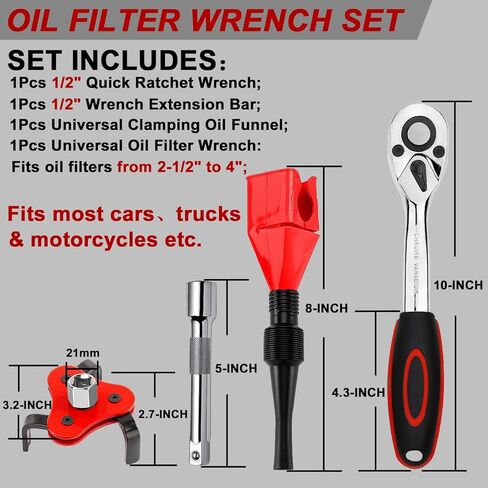 مجموعة مفاتيح ربط فلتر الزيت 4 قطع، أداة إزالة فلتر الزيت من 2-1/2 إلى 4 بوصة و1/2 بوصة مفتاح ربط بسقاطة مع مقبس محرك طويل، قمع زيت مرن لتغيير الزيت in Kuwait