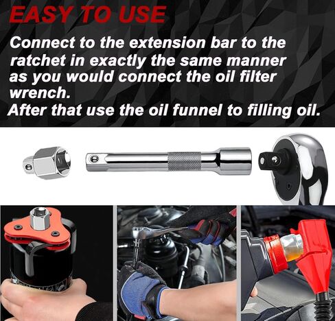 مجموعة مفاتيح ربط فلتر الزيت 4 قطع، أداة إزالة فلتر الزيت من 2-1/2 إلى 4 بوصة و1/2 بوصة مفتاح ربط بسقاطة مع مقبس محرك طويل، قمع زيت مرن لتغيير الزيت in Kuwait