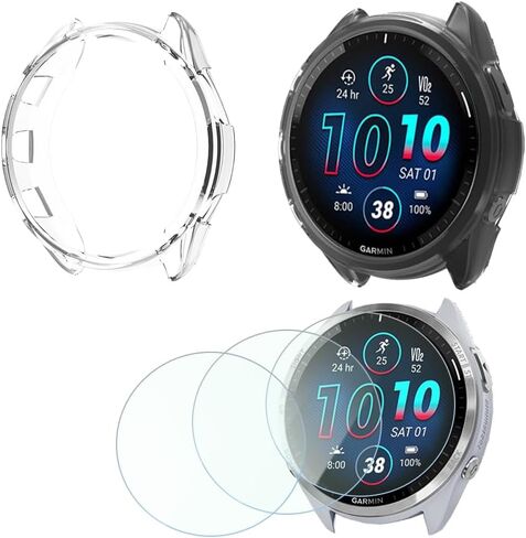 Smartwatch Screen Protector Compatible for Garmin Forerunner 965 Case TPU Soft Frame Cover and Tempered Glass Protective Film (Pack of 3+2) (Transparent and translucent black) in Saudi Arabia