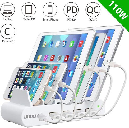 110W 5 Ports Fast Charging Station for Multiple Devices 100W Stand Organizer USB Type C Laptop Charger for Apple MacBook Pro Air,Compatible with iPad iPhone & Android Phone Tablet, White in Saudi Arabia