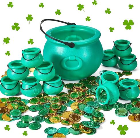 213 Pcs St Patrick's Day Cauldron Set 1 Pc 8'' Green Cauldron Kettle with 12 Mini Plastic Cauldron 200 St Patrick's Day Lucky Shamrock Coins for Kids St. Patrick's Day Theme Party Supplies Irish Decor in Saudi Arabia