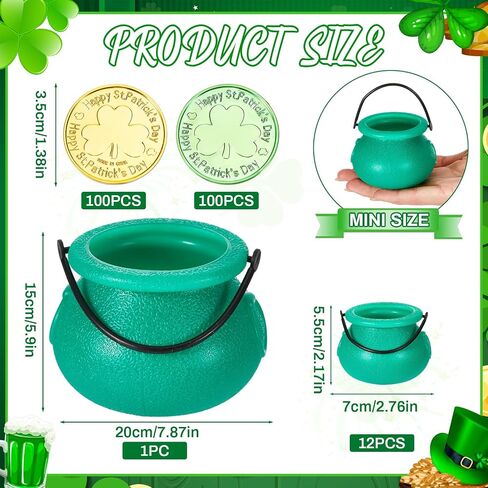 213 Pcs St Patrick's Day Cauldron Set 1 Pc 8'' Green Cauldron Kettle with 12 Mini Plastic Cauldron 200 St Patrick's Day Lucky Shamrock Coins for Kids St. Patrick's Day Theme Party Supplies Irish Decor in Saudi Arabia
