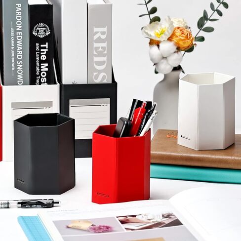 حامل أقلام HUAPRINT، حامل أقلام أبيض للمكتب، 3 عبوات منظم مكتب من الورق المقوى، كوب قلم لمكتب المنزل والمدرسة والأطفال، مربع-3.14 × 3.14 × 4 بوصة in Kuwait