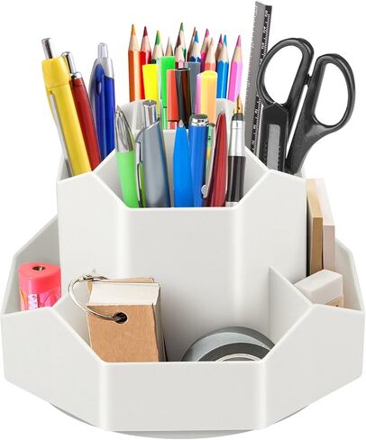 حامل أقلام وحامل أقلام دوار 360 درجة، منظم مكتب مع 9 أقسام للمدرسة والمكتب والاستخدام المنزلي (أبيض فاتح) in Kuwait