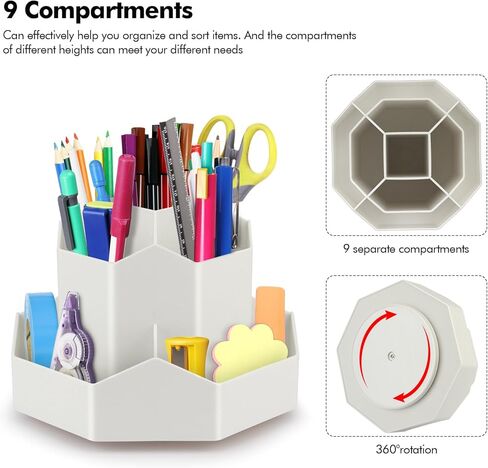 حامل أقلام وحامل أقلام دوار 360 درجة، منظم مكتب مع 9 أقسام للمدرسة والمكتب والاستخدام المنزلي (أبيض فاتح) in Kuwait