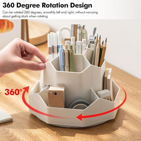 حامل أقلام وحامل أقلام دوار 360 درجة، منظم مكتب مع 9 أقسام للمدرسة والمكتب والاستخدام المنزلي (أبيض فاتح) in Kuwait