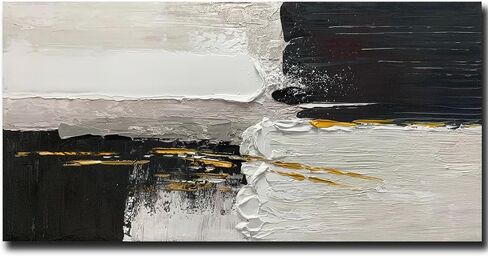 الفن، 24 × 48 بوصة عمل فني أكريليك مرسومة يدويًا لوحة زيتية تجريدية مزخرفة باللونين الأسود والأبيض بخط ذهبي فن جداري مؤطر للتعليق على الحائط فن ديكور in Saudi Arabia