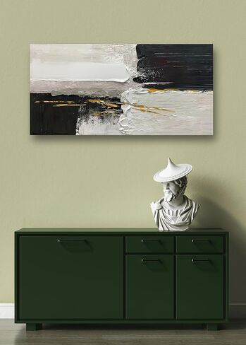 الفن، 24 × 48 بوصة عمل فني أكريليك مرسومة يدويًا لوحة زيتية تجريدية مزخرفة باللونين الأسود والأبيض بخط ذهبي فن جداري مؤطر للتعليق على الحائط فن ديكور in Saudi Arabia