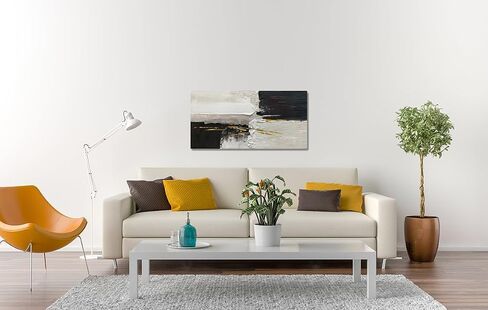 الفن، 24 × 48 بوصة عمل فني أكريليك مرسومة يدويًا لوحة زيتية تجريدية مزخرفة باللونين الأسود والأبيض بخط ذهبي فن جداري مؤطر للتعليق على الحائط فن ديكور in Saudi Arabia