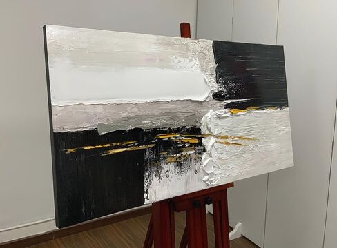 الفن، 24 × 48 بوصة عمل فني أكريليك مرسومة يدويًا لوحة زيتية تجريدية مزخرفة باللونين الأسود والأبيض بخط ذهبي فن جداري مؤطر للتعليق على الحائط فن ديكور in Saudi Arabia