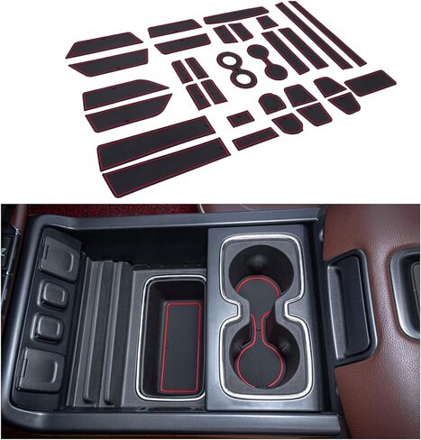 JKCOVER متوافق مع 2014-2018 Chevy Silverado/GMC Sierra Accessories حامل أكواب وحدة التحكم المركزية وسجاد بطانة جيب الباب إدراج حصائر مطاطية (لكابينة الطاقم مع مقاعد الدلو) 31 قطعة مع زخرفة حمراء in Kuwait