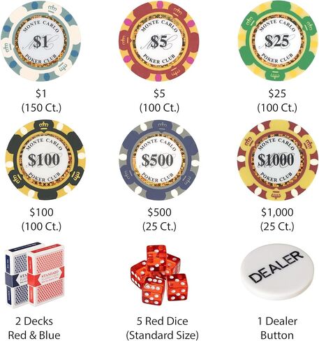 مجموعة شرائح بوكر مونت كارلو حقيبة حمل من الألومنيوم - رقائق بوكر عالية الجودة من طين الكازينو 14 جرام - مع نرد وأوراق لعب - حماية شديدة التحمل - حقيبة محمولة قابلة للقفل (500 قيراط) in Kuwait