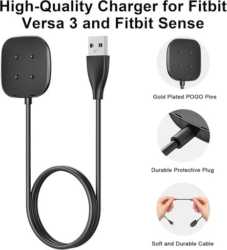 شاحن ساعة مكون من قطعتين متوافق مع Fitbit Versa 4/Versa 3/Sense 2/ Sense، شاحن كابل شحن USB بديل لقاعدة شحن محمولة لـ Fitbit Versa 4/3 (3.3 قدم + 3.3 قدم) in Kuwait