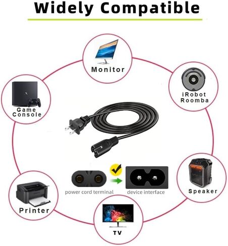 2 Prong Power Cable Cord Compatible TCL Roku Smart LED LCD HD TV - UL Listed TCL Roku TV AC Power Cable Cord Plug in Saudi Arabia