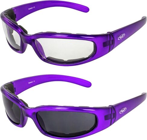 Global Vision 2 Pairs Chicago Padded Motorcycle Sunglasses for Women Scratch-Resistant Purple Frame w/Clear & Super Dark Lenses in Saudi Arabia