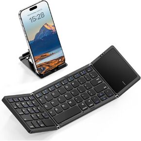 Foldable Bluetooth Keyboard with Touchpad, Wireless Folding Portable Keyboards with Stand Holder, Ultra Slim Travel Keyboard for Android Windows iOS Tablet, Pocket-Sized, Black