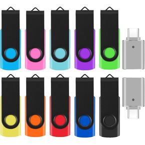 10 Pack 16GB Flash Drives with 2 USB C Adapters, Thumb Drive, Memory Stick Compatible with PC, Laptops, Mac and Adapters for USB C Devices (10 Mixed Color)