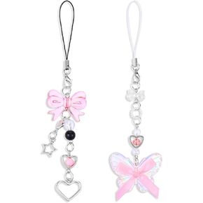 2 PCS Bow Pink Phone Charm, Bead Phone Charm Cute, Bowknot Silver Star Heart Pendant Charms Keychain, Y2K Accessories for Mobilephone Keychain Bag Charms