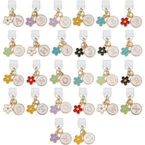 26 Pcs 26 Styles Letter Dust Plug Charms, Type C Dust Plugs 1.18 Inch Long Mobile Dustproof Plug with Flower Pendants USB C-Port Caps Protector for Most Type C Phone