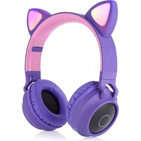 Kids Wireless Headphones,Cat Ear Bluetooth On Ear Headphones with LED Light Up,Wireless/Wired Foldable,Kids Teens Adults Headphones Bluetooth for Travel iPad (Purple)
