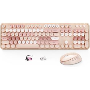 Wireless Keyboard and Mouse Combo, Full-Size Retro Typewriter Keyboard with Round Keycaps, Ergonomic Design for Windows PC, Home and Office Use -Brown