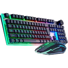 Wireless Gaming Keyboard with knob and Mouse Combo USB Dongle 2.4G Rechargeable 3000mAH Battery RGB Backlit Stainless Panel 4200DPI Side Button Mice for PC Laptop compatible with Windows 8/9/10 MacOS