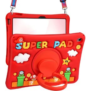 Cute for iPad A16 Case/for iPad 10th Generation/11 Inch Case - Silicone 3D Design for Girls Women Teens Girly Kawaii Funny Cartoon Soft Stand with Lanyard, Red
