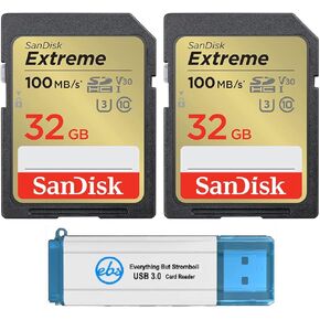 SanDisk 32GB Extreme SD Card (2 Pack) SDHC Memory Cards Compatible Browning Trail Cameras (SDSDXVT-032G-GNCIN) Class 10 UHS-1 U3 4K Bundle with (1) Everything But Stromboli 3.0 Micro & SD Card Reader
