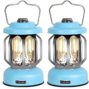 Rechargeable LED Camping Lanterns, 2000mAh Vintage Camping Lights Battery Operated Rechargeable , Hanging Retro Metal Hiking Tent Lamp for Emergency, Hurricane,Decoration,Home,Blue,2 Pack