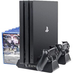 Deco Gear PS4 Stand - Vertical Dual Controller Charging Dock with 2 High Speed Cooling Fans and Slot for 12 Games